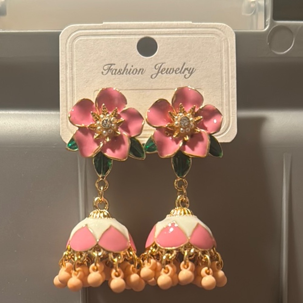 Pink Floral Dangle Earrings Jhumka